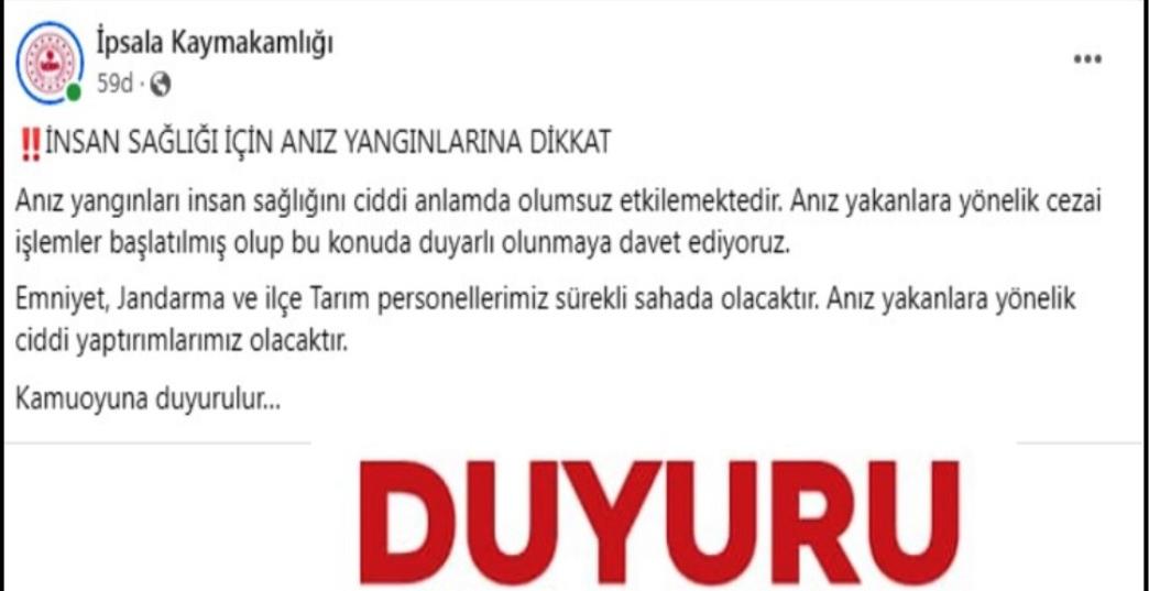 İpsala Kaymakamlığı anız yakanlara ceza kesecek
