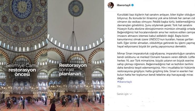 İlber Ortaylı’dan Selimiye Camii’ndeki restorasyon paylaşımı: “Maalesef üniversitelerimiz bu konuda da çok suskun kaldılar”