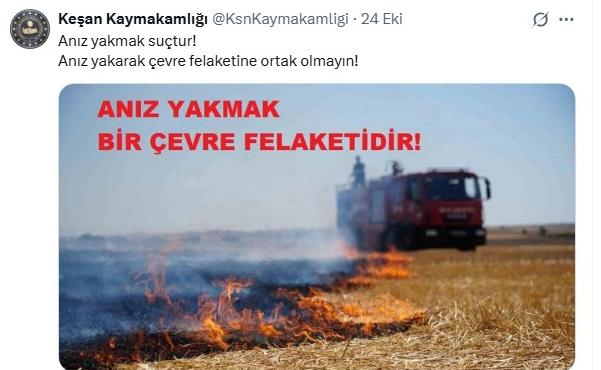 Kaymakamlıktan anız yangınlarıyla ilgili uyarı: “Anız yakarak çevre felaketine ortak olmayın!”