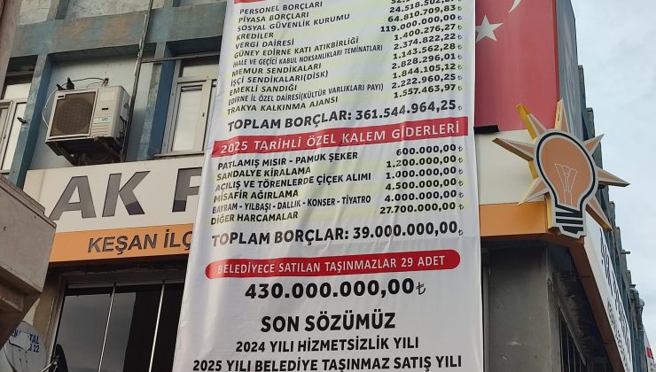 AK Parti belediyenin borçlarını parti binasına astı